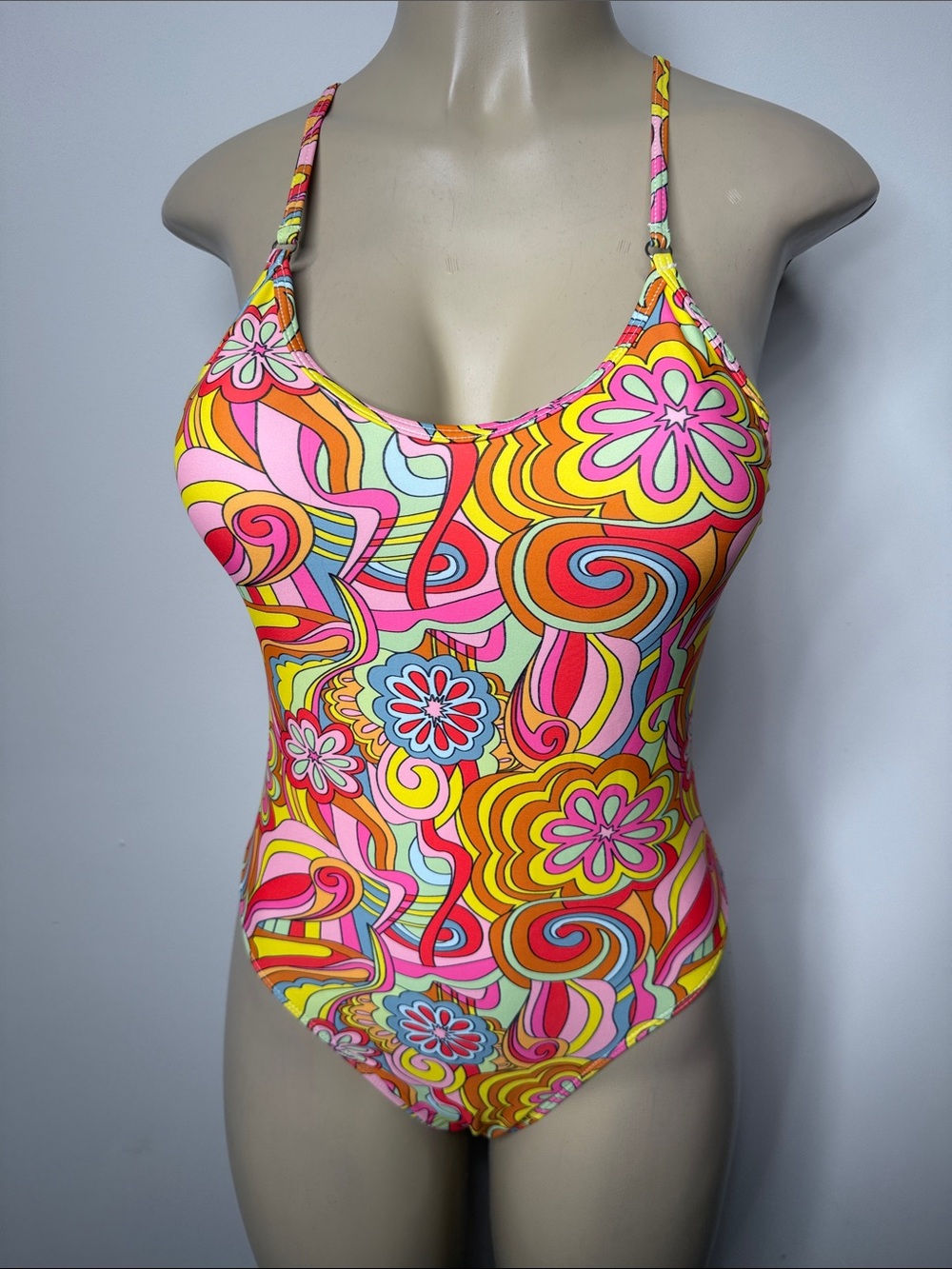 SHEIN Pink, Yellow & Orange Retro Floral One-Piece Swimsuit